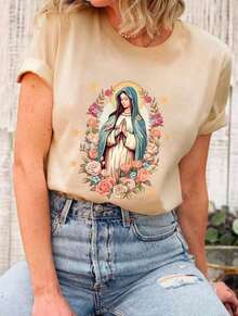 Women's T-Shirt With Virgin Mary Print 100% Cotton Minimalist Casual - 卡其色 - 查看 1