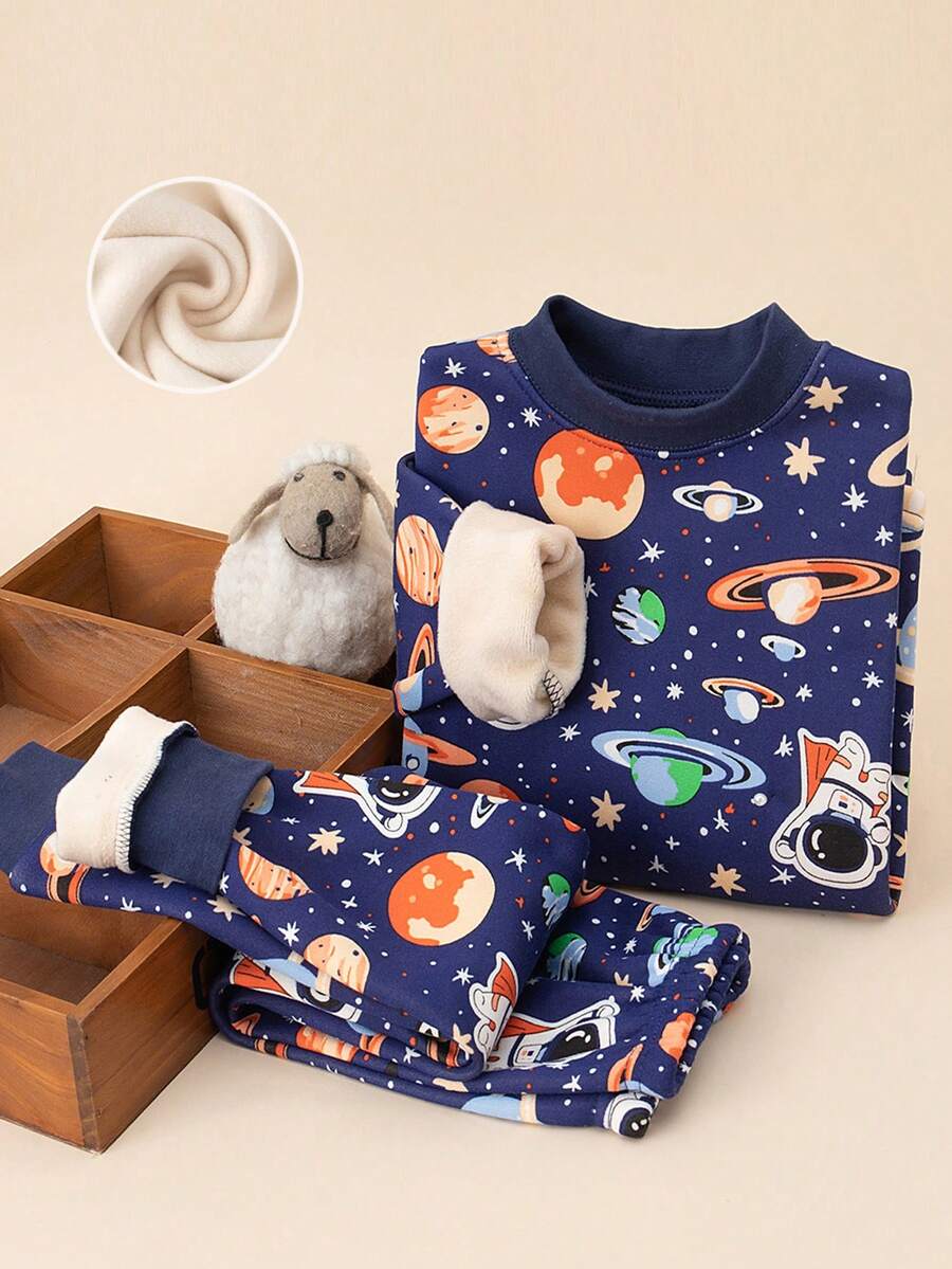 2 件套男童保暖内衬加厚太空宇宙全身印花睡衣套装,长袖上衣和裤子,秋冬 - 藍色 - 查看 1
