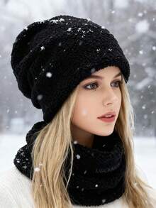 2pcs Solid Color Hat And Scarf Set - Fleece Lined, Warm, Polyester Soft Material, Suitable For Daily Wear, Outdoor Cycling, Cold Weather Accessories For Winter