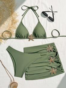 Set de 3 piezas Bikini con estampado de estrella de mar con escote halter, espalda con lazos y volantes, sexy y sin espalda para vacaciones en la playa en verano - Verde - Ver 1