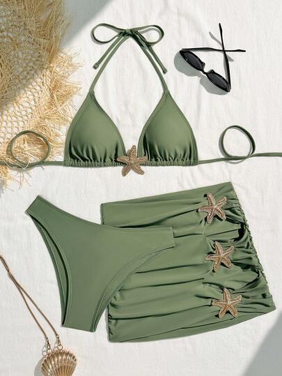 3pcs/Set Starfish Halter Bikini Set With Tie Back Sexy Star Ruffle Backless Bikini Set Vacation Beach Summer