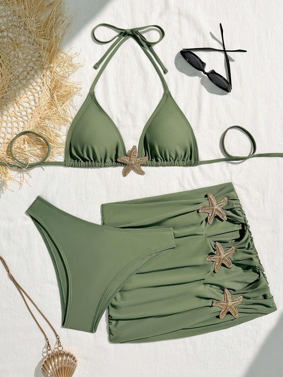 Set de 3 piezas Bikini con estampado de estrella de mar con escote halter, espalda con lazos y volantes, sexy y sin espalda para vacaciones en la playa en verano - Verde - Ver 1