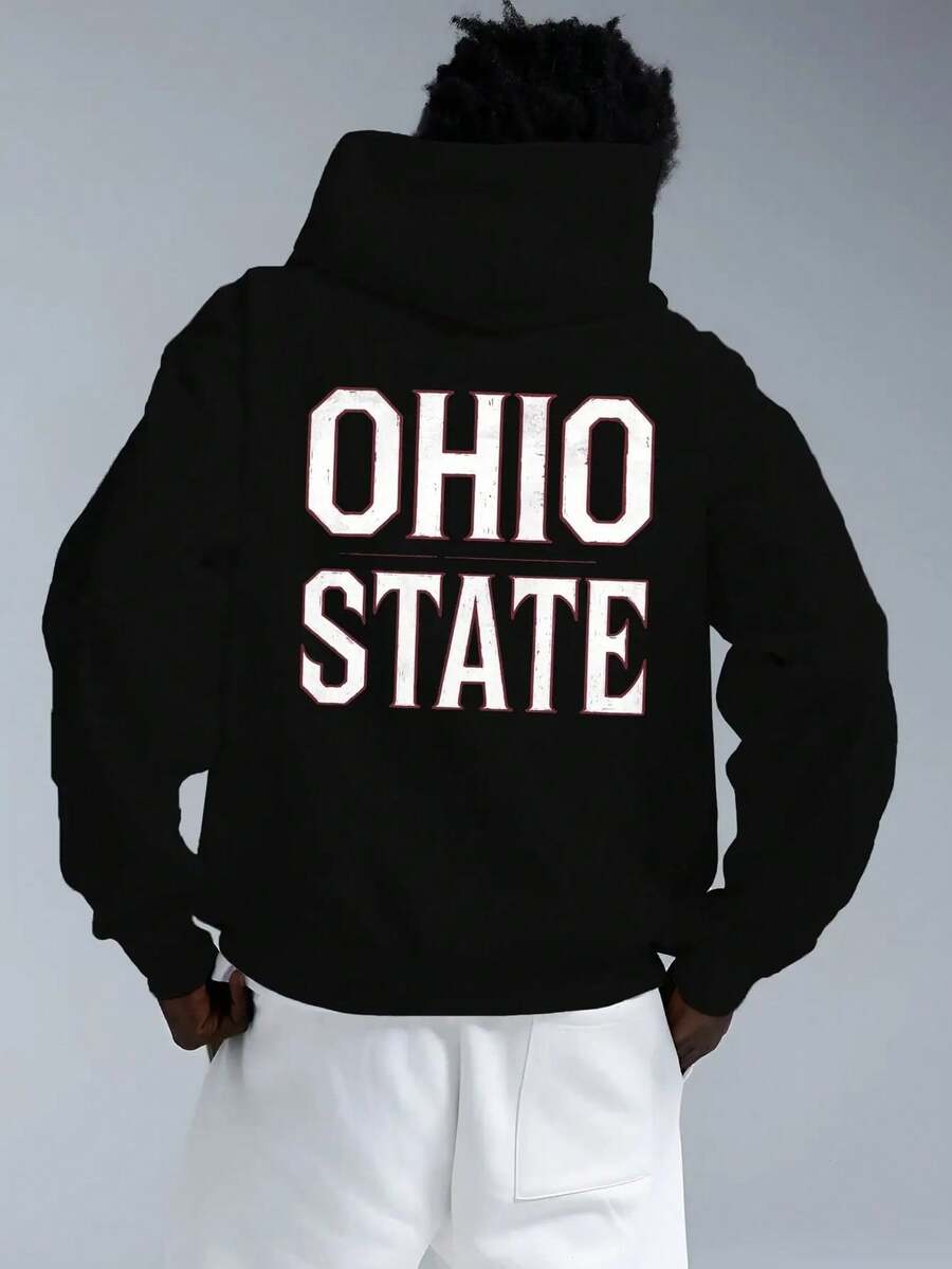 Herren Plus Size Hoodie - Lässiger Langarm, nicht dehnbarer Stoff, lockere Passform, bedruckt mit  und Schnallendetail, geeignet für lässige Kleidung, PLUS GRÖSSE - Schwarz - Übersicht 1