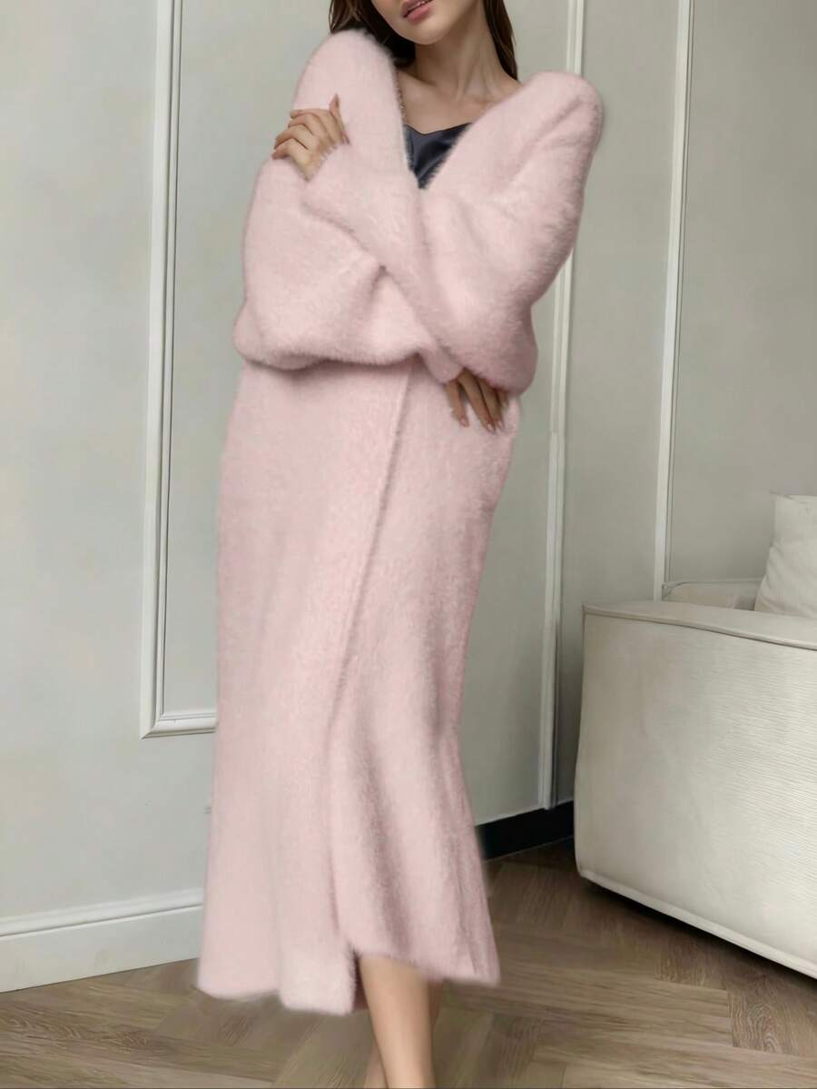 Suéter feminino elegante rosa felpudo, cardigans, roupas de Natal, moda outono inverno, pele sintética, casaco longo, estilo coreano, feminino, casual, solto, malha, agasalho