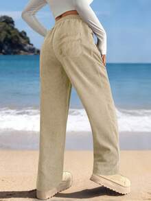 Nuovi pantaloni casual in velluto a coste da donna, di colore unito con tasche con laccetto, traspiranti e confortevoli, adatti per attività quotidiane