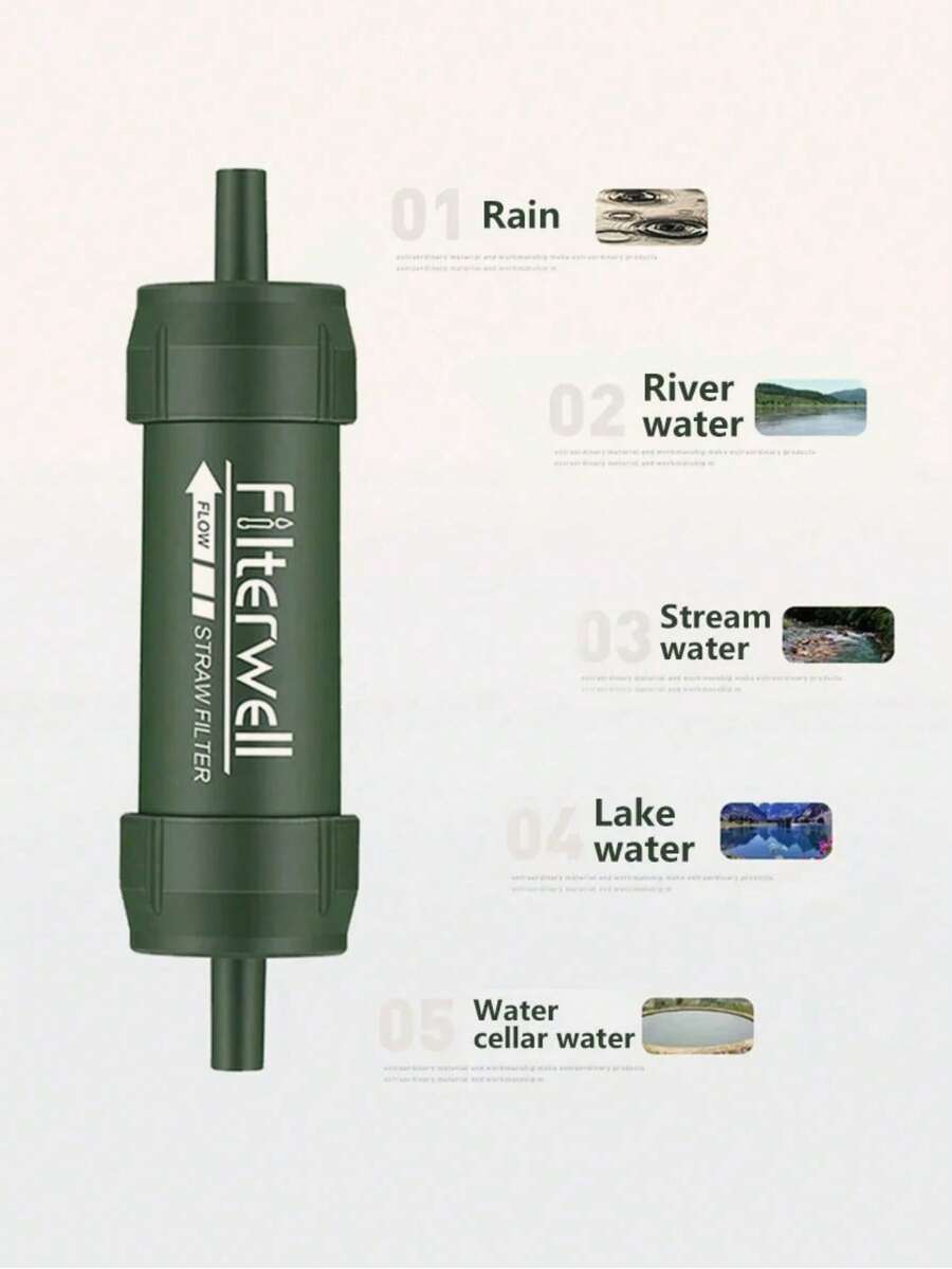 DUSSERSAT 1 Piece Outdoor Mini Water Filter Straw Camping Purification Portable Hiking Water Purifier For Survival Or Emergency Supplies - Army Green - View 1