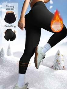 1件女士保暖内衬打底裤，350克保暖内衬，不透明防风羊毛内衣，高腰修身紧身裤，适合秋冬穿着。休闲、居家、健身、柔软保暖长裤 - 黑色 - 查看 1