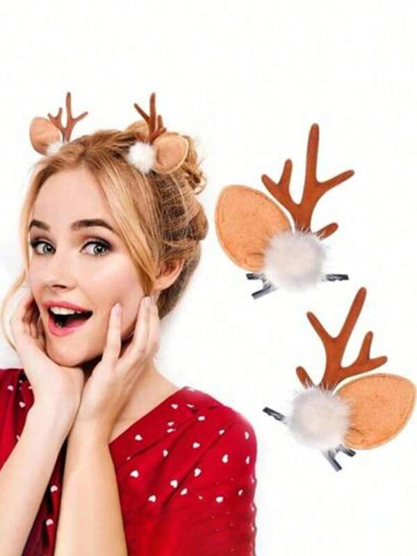 2 piezas/Set Pinzas para el cabello con cuernos de reno navideños, accesorios para el cabello con orejas de reno lindos, decoraciones para fiestas navideñas, adecuados para mujeres y niñas, Pinzas para el cabello con cuernos de reno navideños, decoraciones para fiestas navideñas