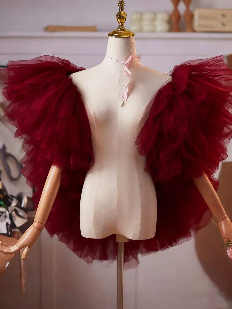 Bridal Chiffon Multi-Color Shawl, Suitable For Hostess, Evening Gown, Performance, Photography Accessory - Burgundy - View 1