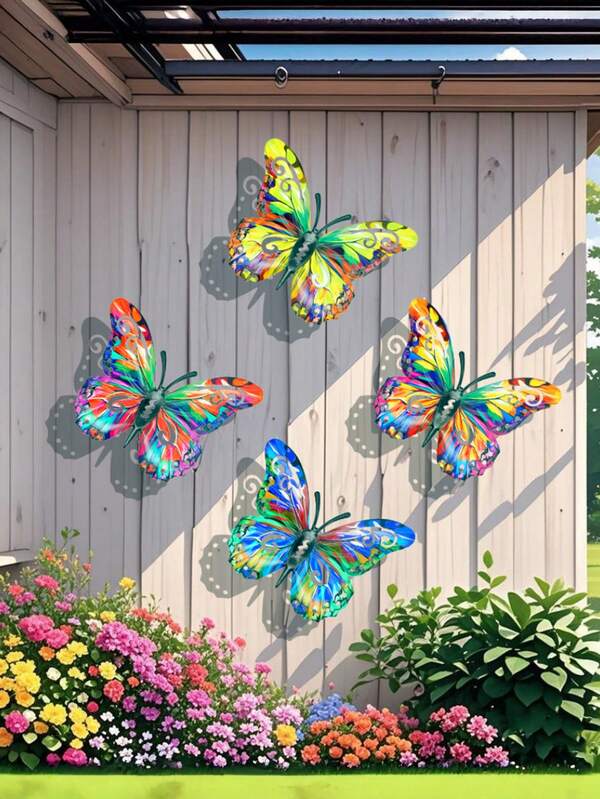 4Pcs Set Colorful Metal Butterfly Wall Decor, Vibrant Butterfly Statue Wall Decoration, Handmade Iron Butterfly Sculptures, Colorful 3D Butterfly Metal Wall Hanging, Suitable For Gardens, Patios, Living Rooms, Bedrooms, Terraces, Balconies, Outdoor Fences, And Art Decoration. Ideal Gift For Family And Friends.