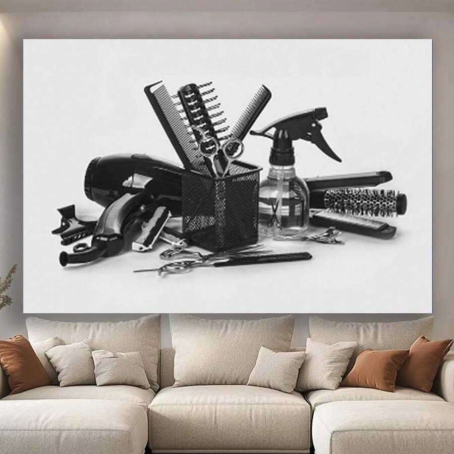 Framed  Canvas Print- Hair Salon Wall Art Barber Shop Hair Tools Pictures  Poster Wall Art Creative Decoration Suitable For Living Room Office Kitchen Home Decoration - 框架 - 查看 1