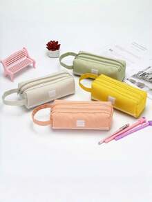 1pc Large Capacity Pen Bag - Large-Sized Pen Bag - Durable Oxford Material - Zipper Opening - Double-Layer Label - Suitable For School, Office, Study And Work - Multicolor - View 1