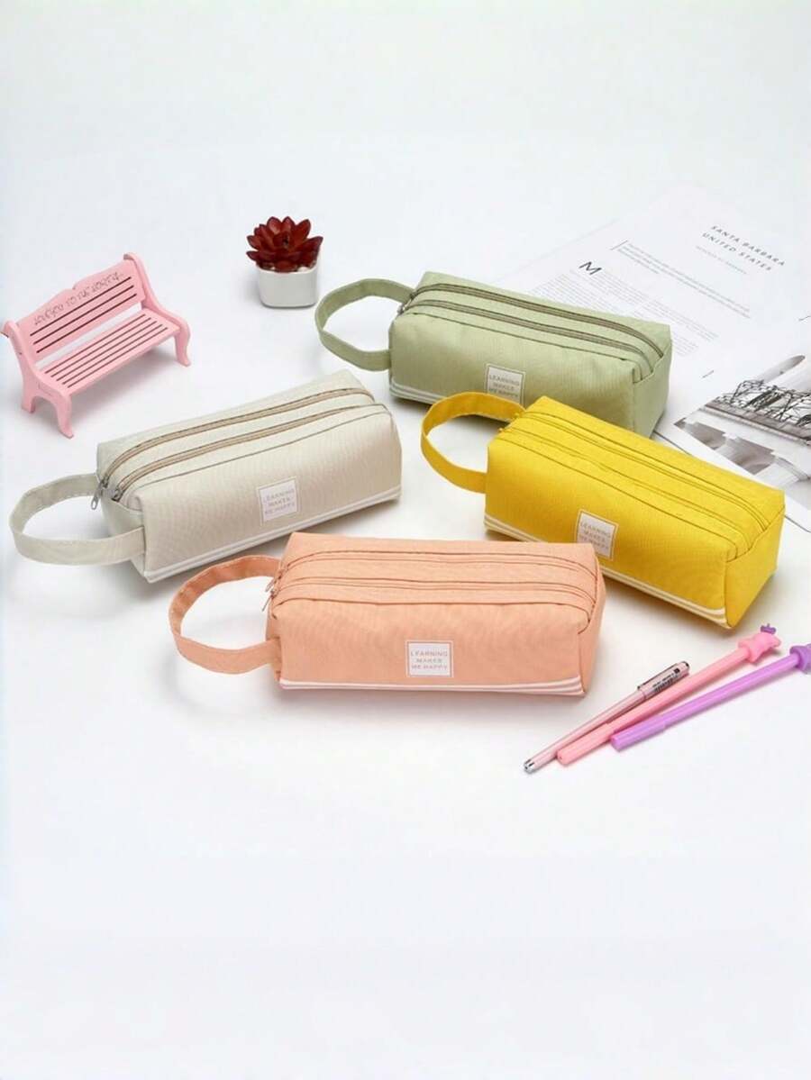 1pc Large Capacity Pen Bag - Large-Sized Pen Bag - Durable Oxford Material - Zipper Opening - Double-Layer Label - Suitable For School, Office, Study And Work - Multicolor - View 1