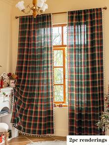 1 perdea în carouri verzi țesute în culorile Crăciunului, stil britanic vintage, țesătură periată, decor cu franjuri, lavabilă, buzunar pentru tijă, filtrare a luminii, separator de cameră, perdea scurtă de bucătărie, decor pentru casă, decor de Anul Nou, potrivită pentru dormitor, living, birou, sufragerie, balcon, petrecere de sărbători, decor de toamnă, decor de Anul Nou, decor de Crăciun, Crăciun fericit