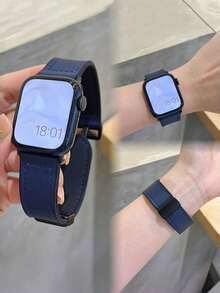 1pc Leather & Silicone Magnetic Watch Band, Fits 38/40/41/42/44/45/46/49mm Ultra/Ultra2/SE/SE2/11/10/9/8/7/6/5/4/3/2/1, Unisex - Midnight Blue - View 4