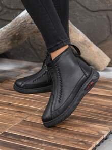 女士冬季保暖踝靴，侧拉链设计，温暖舒适，街头风百搭时尚靴子 - 黑色 - 查看 3