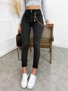 Women's Simple High Stretch Pants With Chain, Casual Skinny Pants, Suitable For Autumn, Spring, Winter, Summer, Travel, Vacation, Festival - Black - View 5