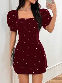 Elegant French Romantic Party Dress, Puff Sleeve Pearl Decor Mini Dress For Birthday Party, Date