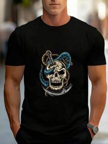 Camiseta Casual Simple para Hombres, Manga Corta de Algodón Puro Impreso, Algodón de Alta Calidad Transpirable, Elección Segura para el Viaje Diario - Negro - Ver 1