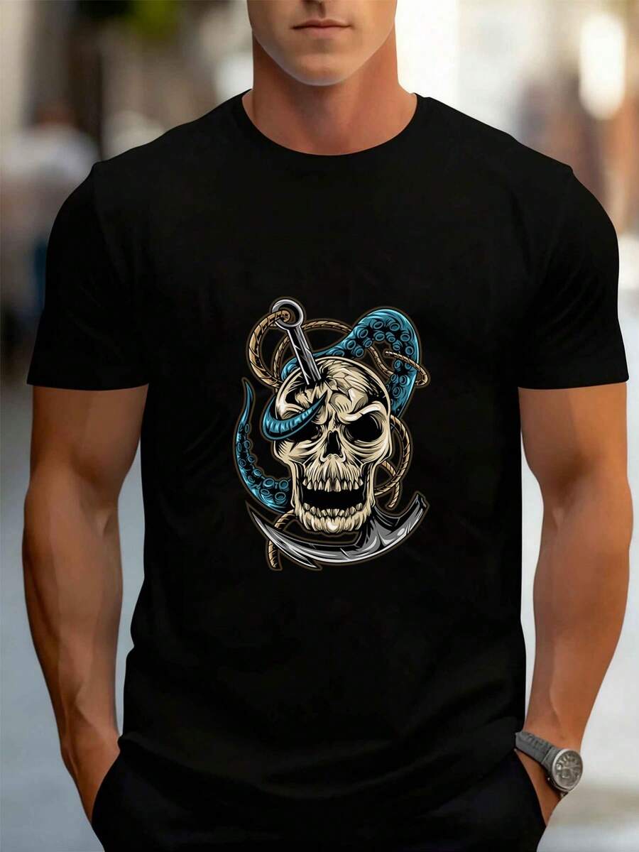 Camiseta Casual Simple para Hombres, Manga Corta de Algodón Puro Impreso, Algodón de Alta Calidad Transpirable, Elección Segura para el Viaje Diario - Negro - Ver 1