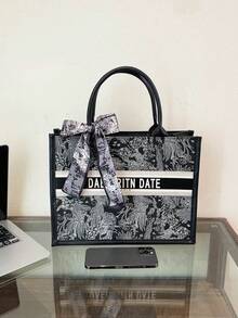 1pc (11in*7.9in*3.9in) Fashionable Women's Handbag, Large Capacity, Square Shape, Lightweight, Elegant Scarf Decor, Scratch & Abrasion Resistant Material, Suitable For Shopping, Dating, Gatherings, Commuting, Letter Pattern, Elegant Minimalist Casual Gray & Pink Ladies Tote Bag - Black - View 8