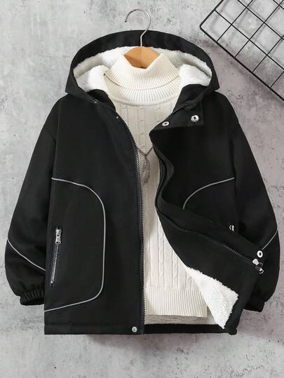 Tween Boys' Casual Fashionable Autumn/Winter Thermal Lined Drawstring Hooded Jacket With Zipper Pockets