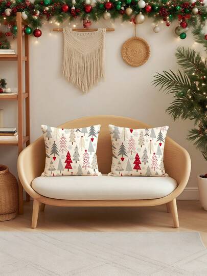 غطاء وسادة بنمط شجرة عيد الميلاد الهندسية البيضاء والحمراء والسوداء، غطاء وسادة ريفي لحفلات العطلات، ديكور المنزل والأريكة وغرفة النوم والسرير والكرسي (بدون حشو)