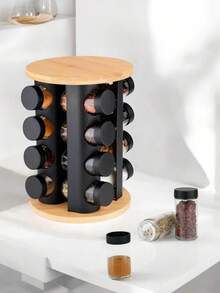 4-Tier Rotating Wooden Spice Rack Set, Multi-Function Seasoning Organizer, Rotating Spice Jars, Rotating Storage Rack, Condiment Bottles Combination Set, Rotating Spice Bottle Rack For Kitchen - Black 4 Layers - View 1