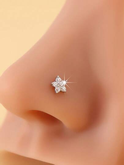 1 peça de piercing de nariz com flor/clipe, piercing de nariz em formato de L de zircônia sintética, design minimalista estilo vintage elegante, adequado para uso diário, férias, festa, presente para família e amigos