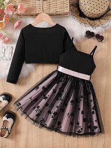 coviviky 两件套女童碎花薄纱连衣裙套装 - 长袖开衫和蝴蝶结派对连衣裙 - 黑色 - 查看 2