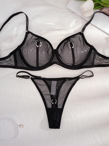 1 Set Women's Solid Color Wire-Free Thin Cup Comfortable Lingerie Set - Black - View 3
