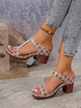 2026 Summer Outfit Chunky Heel Sandals, Khaki High Heel Shoes For Women, Denim Style Sandals, Vacation Vibe American Style Sandals