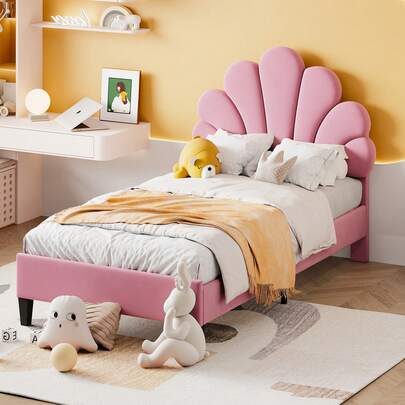 Upholstered Children's Bed 90 X 200 Cm, Bed Frame With Flower-Shaped Headboard And Slatted Base, Skin-Friendly Velvet Fabric Teenage Girl's Bed, Guest Bed (Color: Pink)