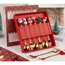 Fourchettes et cuillères en acier inoxydable, fourchettes de fruits créatives en forme de dessin animé, cuillères à café, cuillères et fourchettes à dessert, cuillères et fourchettes de poupée mignonnes pour enfants, ustensiles de cuisine, coffret cadeau de Noël