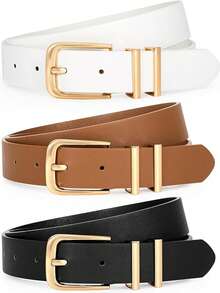 3 Packs Men Women Belts For Jeans Dresses Pants Ladies Leather Waist Belt With Gold Buckle - Multicolor - View 7