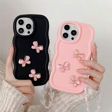 极简奢华蝴蝶造型手机壳，糖果波浪形光滑水晶蝴蝶+蝴蝶腕带，兼容 12/13 Pro Max、Note 11 4G、Galaxy A55、Note 30、Moto E30，全包防震保护套，3D花卉装饰珍珠点缀，春季礼物派对佳品，国际版，非国内版 - 黑色 - 查看 4