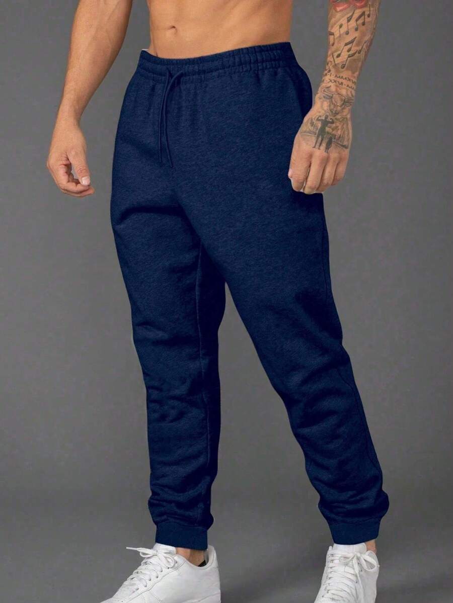 Men's Leisure Sports Sweatpants, Breathable Soft Drawstring Trousers With Letter Zipper Pockets, Suitable For Boyfriend/Husband - Navy Blue - View 1