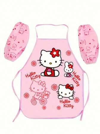 Sanrio 可爱粉色泡泡袖围裙，饰有爱心、蝴蝶结和各种图案，采用聚乙烯/聚丙烯材质，易于清洁，适合生日派对、休闲手工制作等场合，轻便实用。卡通图案，可爱又时尚，是绘画、烘焙、烧烤和家务的理想之选。颈部和腰部均配有可调节系带，是家庭厨师、学生和手工爱好者的完美礼物。