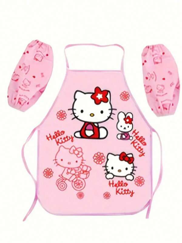 Sanrio Cute Pink Apron With Puff Sleeves And Bib - Featuring Hearts, Bows And Patterns - Polyethylene/Polypropylene Easy-Clean Cooking Attire, Suitable For Birthday Parties, Casual Crafting, Lightweight Art Kitchen Apron | Adorable Cartoon Smock, Ideal For Painting, Baking, Grilling And Household Chores | Adjustable Neck And Waist Ties | Perfect Gift For Home Chefs, Students And Crafters
