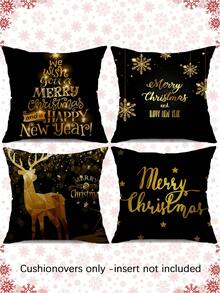 4 capas de almofadas decorativas de Natal, Papai Noel, boneco de neve, rena, árvore de Natal, estampa xadrez, zíper invisível, lavável, adequada para sala, decoração de sofá (sem enchimento de almofada) - Preto - Ver 3