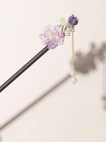 1pc New Chinese Style 3D Wooden Hair Stick, Gradient Pink Shiny Starry Sky Flower Decor, Bun Hairstyle Tassel Hairpin, Chinese Style Niche Design, Palace Style High-End Retro Chinese Hanfu & Cheongsam Hair Accessory, Versatile For Daily, Vintage Chinese Elegant Sweet Campus Style, Suitable For Dress, Party, Prom, Can Be Used As New Year, Gift, Valentine's Day, Makeup Accessory, Bun Extension, Pins For Hair - Purple - View 10