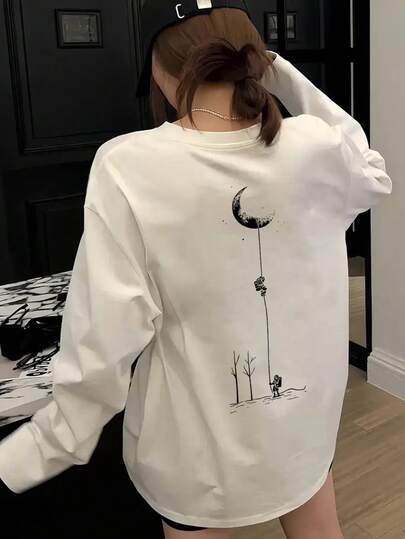 Women's Casual Loose Fit Moon Print Round Neck Long Sleeve Cotton T-Shirt, Fashion & Versatile, Spring/Autumn