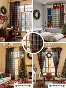 1 perdea în carouri verzi țesute în culorile Crăciunului, stil britanic vintage, țesătură periată, decor cu franjuri, lavabilă, buzunar pentru tijă, filtrare a luminii, separator de cameră, perdea scurtă de bucătărie, decor pentru casă, decor de Anul Nou, potrivită pentru dormitor, living, birou, sufragerie, balcon, petrecere de sărbători, decor de toamnă, decor de Anul Nou, decor de Crăciun, Crăciun fericit