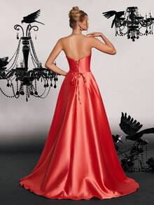 High-End Banquet Evening Gown, Hostess Elegant Long Satin Strapless Dress - Orange - View 2