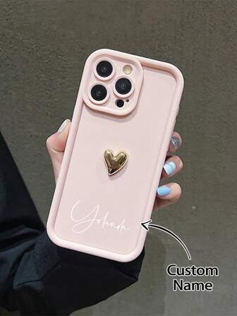 Customized Phone Case, Personalized Tiered Full Screen 3D Gold Heart Text Customized Full Coverage Silicone Lens, Suitable For Samsung/Apple/16promax/15/Xsmax/14/Xs/13xr12pro11 And Other Phone Models