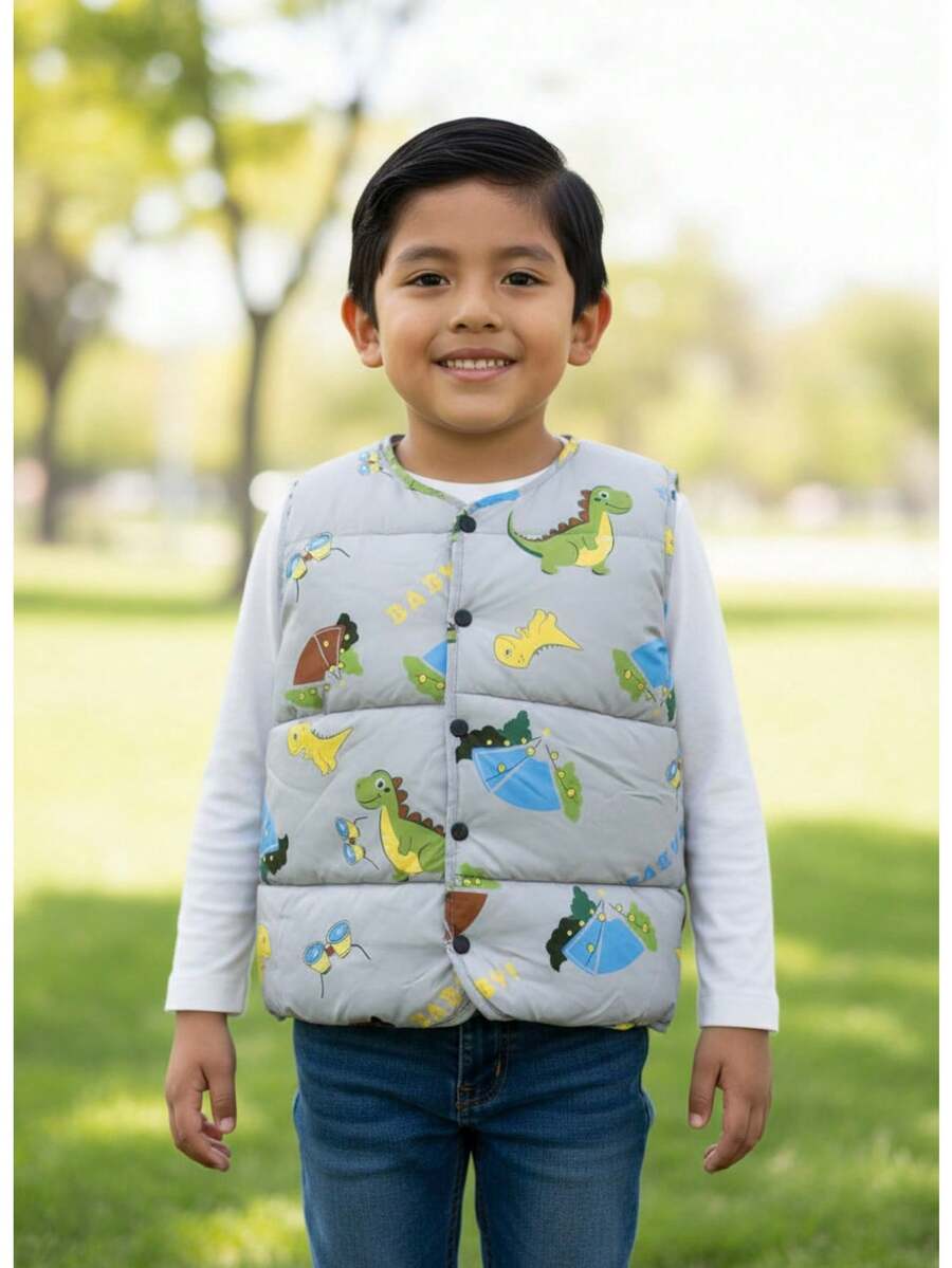 Chaleco niño casual infantil estampado dinosaurio acolchado ligero color sólido ajuste cuello redondo sin mangas otoño invierno uso diario chaleco - Gris - Ver 1