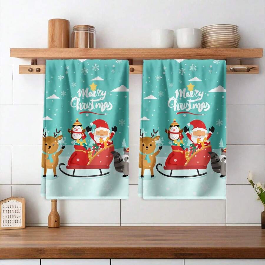 2PCS Christmas Kitchen Towels Merry Christmas Santa Reindeer Snowflake Multifunctional Towels, Aesthetic Design, Quick Dry, Minimalist, Suitable For, Gym, Hotel, Travel, Winter Decor Gift