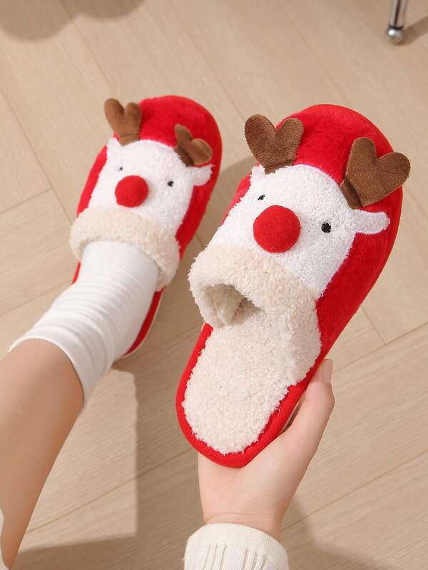 Pantufas femininas sem cadarço, confortáveis para usar em casa com forro de pelúcia macio, quentes e duráveis para o inverno, adequadas para o Natal