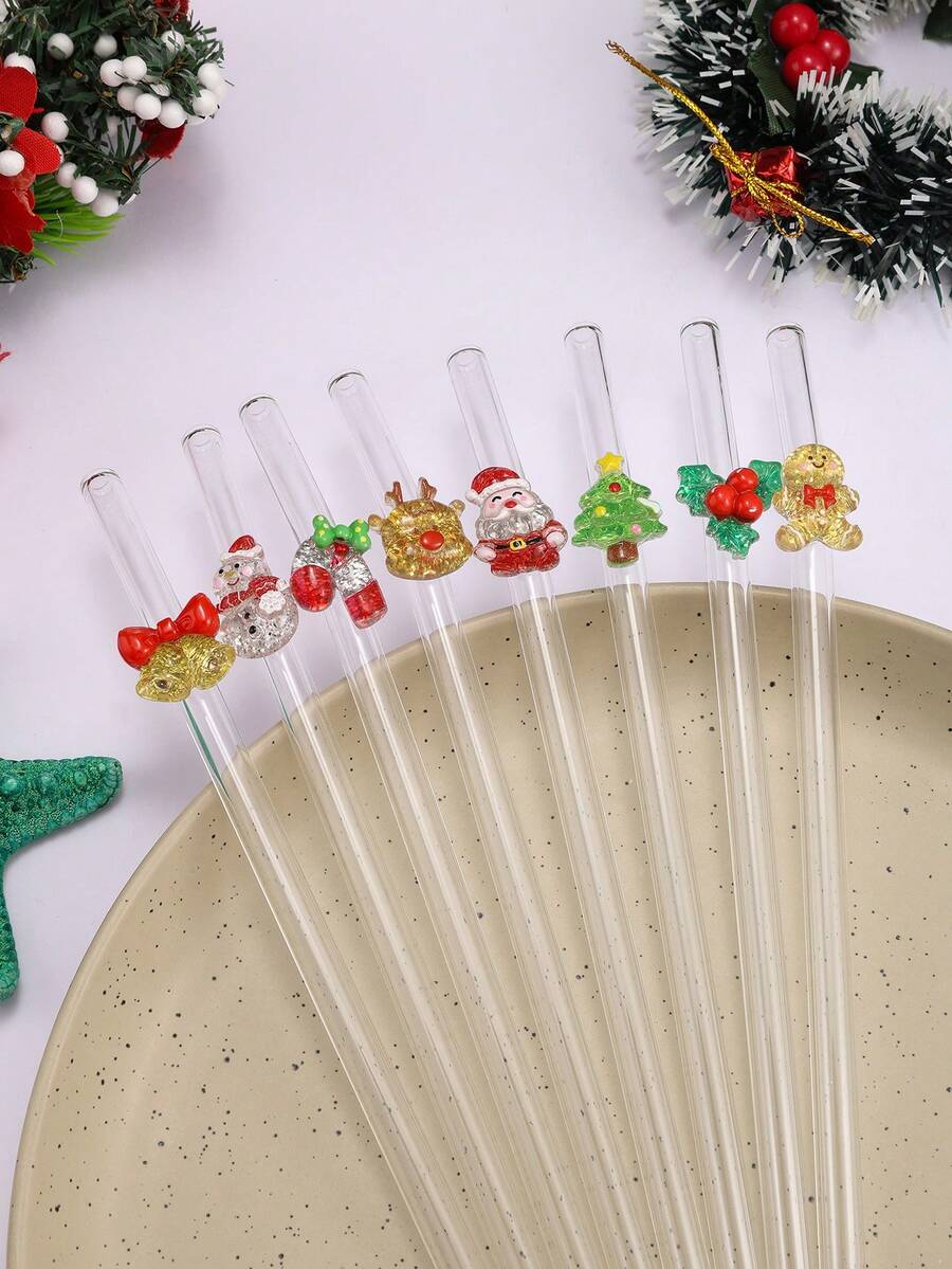 1支【圣诞限量版】可重复使用玻璃吸管（圣诞老人/驯鹿/魔杖/圣诞树/姜饼人/雪人/铃铛/冬青叶）| 无铅，适用于鸡尾酒/珍珠奶茶/冰饮 | 圣诞派对/婚礼/野餐/家居装饰的完美之选