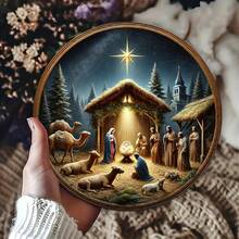 Letrero redondo de lata grabado con escena de nacimiento de aluminio, póster artístico con tema navideño religioso para restaurante, bar, cafetería, decoración de pared vintage resistente al agua y al polvo